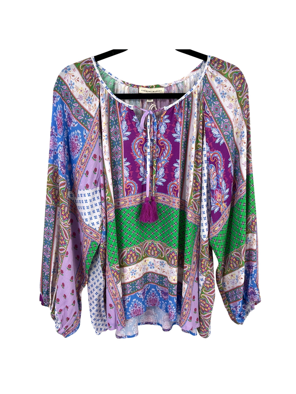 Farmer's Market Paisley Patchwork Print Peasant Shirt Plus Size 1X Purple Green